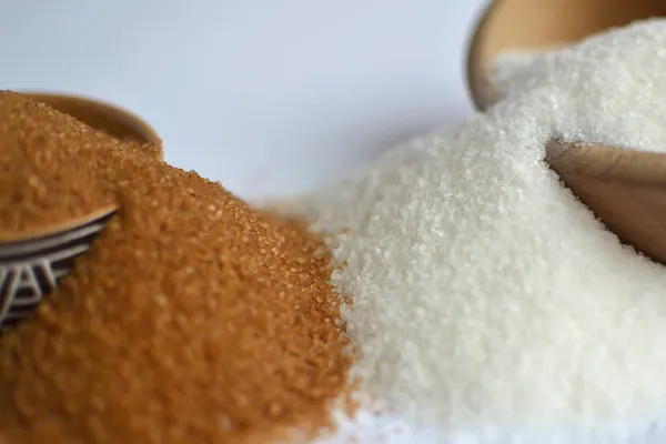 Brauner vs. weißer Zucker. zwei Varianten von Zucker in Schalen. — Stockfoto