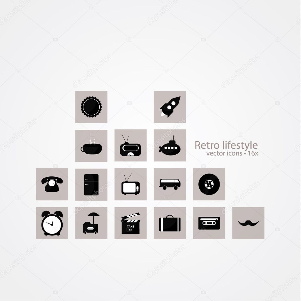 Sixteen retro lifestyle icons. Simple black and white design wit