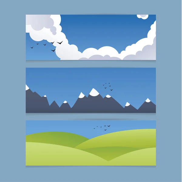 Tre moderne design bannere med landskab illustration. Himmel, mo – Stock-vektor