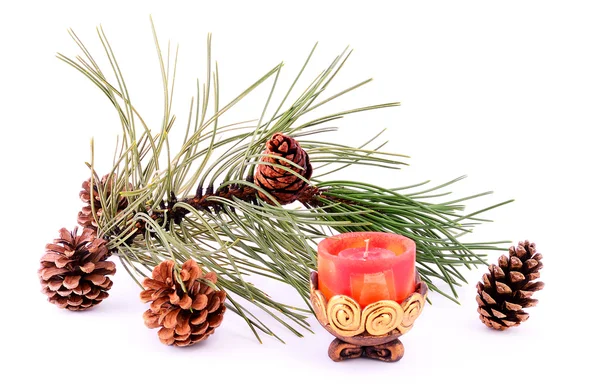 Pine branch with cone and candle — Stock Photo, Image