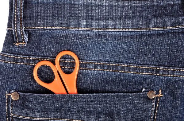Tesoura no bolso azul jeans — Fotografia de Stock