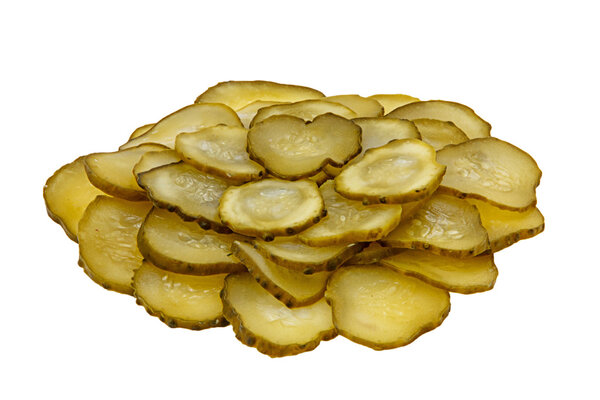 A bunch of slices of pickled cucumber