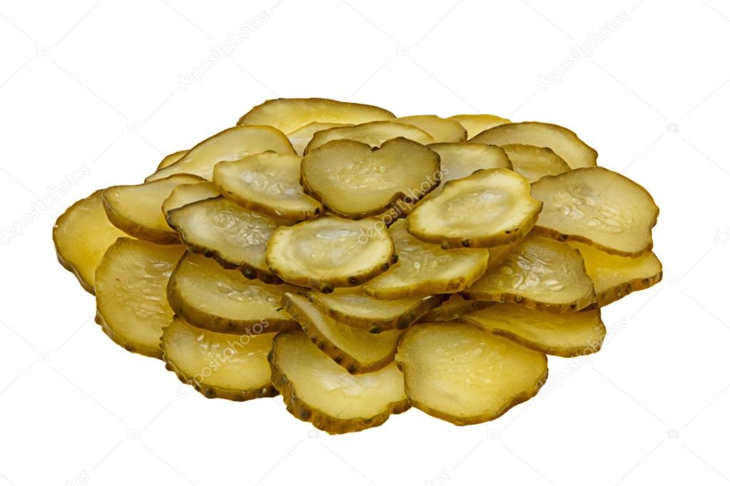 A bunch of slices of pickled cucumber