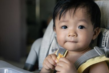 Sevimli, neşeli ve mutlu 1 yaşında Çinli bir çocuk bebek koltuğunda otururken yemek yiyor.