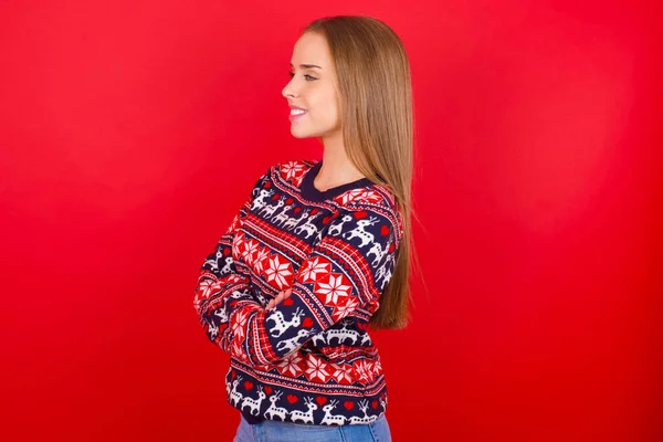 Young Caucasian Girl Wearing Christmas Sweater Crossed Hands — Stock Photo, Image