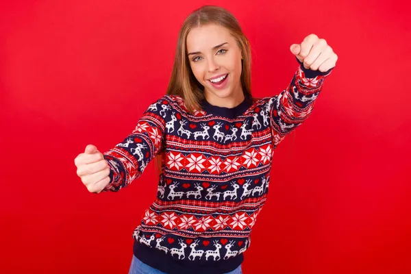 Young Caucasian Girl Wearing Christmas Sweater Imagine Steering Wheel Helm — Stock Photo, Image