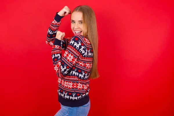 Profile Photo Excited Young Caucasian Girl Wearing Christmas Sweaters Red — Stock Photo, Image