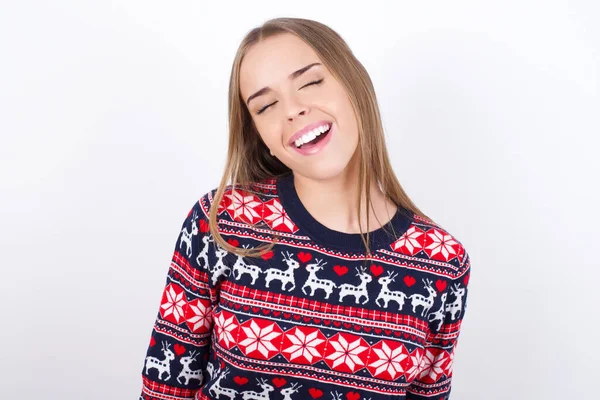 Positive Young Caucasian Girl Wearing Christmas Sweaters White Background Overjoyed — Stock Photo, Image