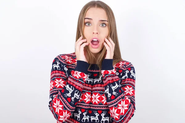Speechless Young Caucasian Girl Wearing Christmas Sweaters White Background Keeps — Stock Photo, Image