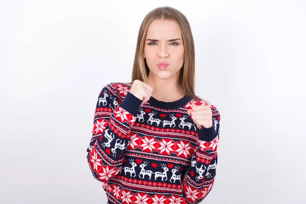 Displeased Annoyed Young Caucasian Girl Wearing Christmas Sweaters White Background — Stock Photo, Image