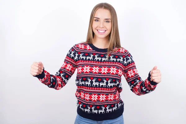 Happy Young Caucasian Girl Wearing Christmas Sweaters White Background Holding — Stock Photo, Image