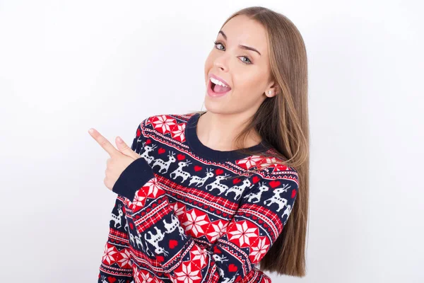 Young Caucasian Girl Wearing Christmas Sweaters White Background Glad Cheery — Stock Photo, Image