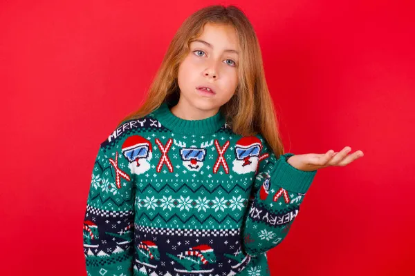 Studio Shot Frustrated Funny Brunette Kid Girl Knitted Sweater Christmas — Stock Photo, Image
