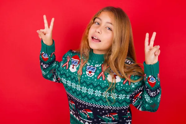 Isolated Shot Cheerful Brunette Kid Girl Knitted Sweater Christmas Red — Stock Photo, Image