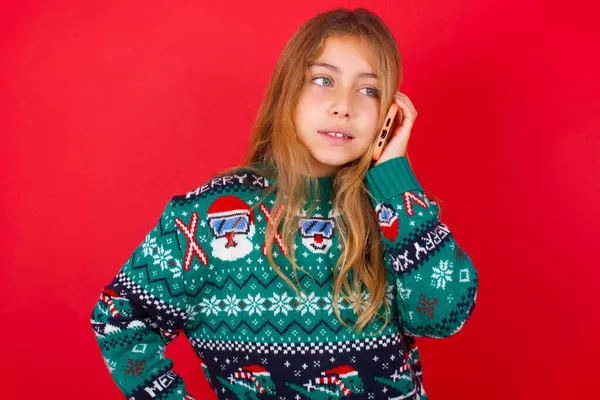 Portrait Successful Joyful Funny Brunette Kid Girl Knitted Sweater Christmas — Stock Photo, Image