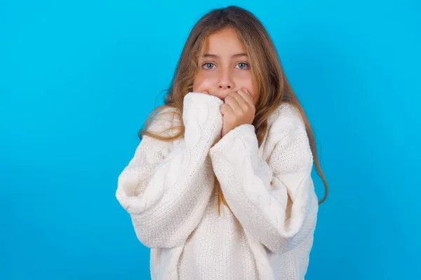 青い背景に白いニットセーターを身に着けているブルネットの子供の女の子は 自分自身を保持し 非常に寒い外を感じ 寒さを得ないことを願っています — ストック写真