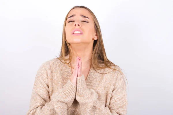 Young Woman Praying Hands Begging Face Expression — 图库照片