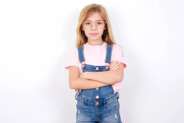 Serious Pensive Beautiful Caucasian Little Girl Wearing Denim Jeans Overall — Stock Photo, Image