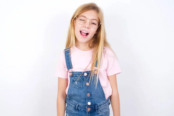 Beautiful Caucasian Little Girl Wearing Denim Jeans Overall White Background — Stock Photo, Image