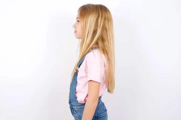 Beautiful Caucasian Little Girl Wearing Denim Jeans Overall White Background — Stock Photo, Image