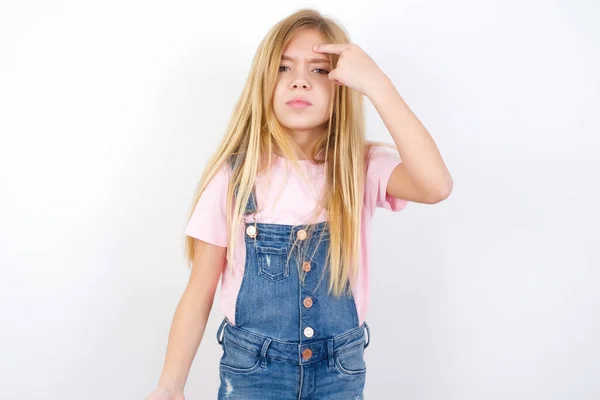 Beautiful Caucasian Little Girl Wearing Denim Jeans Overall White Background — Stock Photo, Image