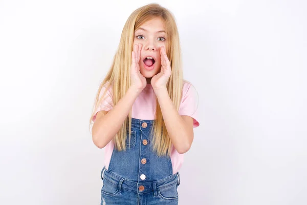 Beautiful Caucasian Little Girl Wearing Denim Jeans Overall White Background — Stock Photo, Image