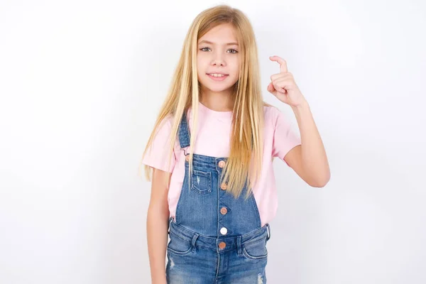 Beautiful Caucasian Little Girl Wearing Denim Jeans Overall White Background — Stock Photo, Image