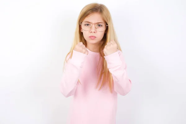Displeased Annoyed Beautiful Caucasian Little Girl Wearing Pink Sweater White — Stockfoto