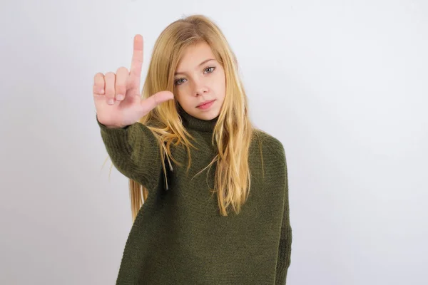 Caucasian Kid Girl Wearing Green Knitted Sweater White Background Making — Stock Photo, Image