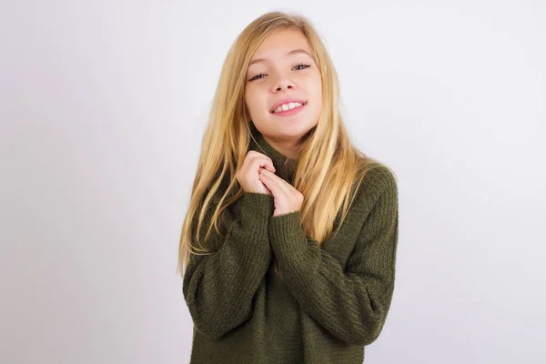Positive Caucasian Kid Girl Wearing Green Knitted Sweater White Background — Stock Photo, Image