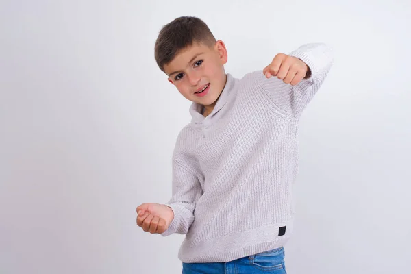 Caucasian Kid Boy Wearing Knitted Sweater Standing White Background Imagine — Stock Photo, Image