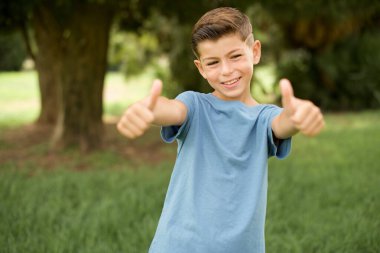 Mavi tişörtlü güzel beyaz çocuk elleriyle olumlu jest yapmayı onaylıyor, gülümsüyor ve başarı için seviniyor. Kazanan jest.