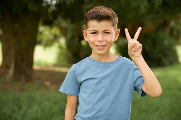Красивий Кавказький Хлопчик Синьою Футболкою Показує Вказує Пальця Номер Два — стокове фото