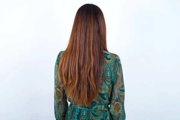 Back View Young Caucasian Woman Wearing Floral Dress White Background — Stock Photo, Image