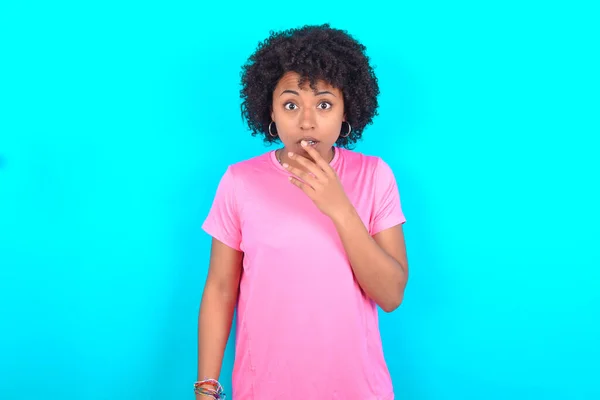 Nervous Puzzled Young African American Woman Wearing Pink Shirt Blue — Zdjęcie stockowe