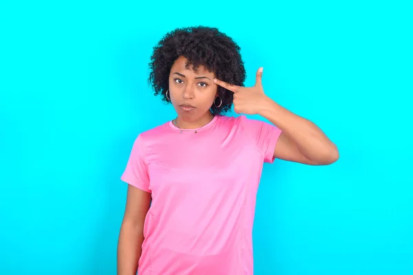 Unhappy Young African American Woman Wearing Pink Shirt Blue Background — Stockfoto