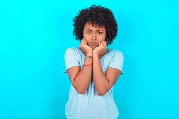 Portrait Sad African American Woman Afro Hairstyle Wearing Blue Shirt — Stockfoto