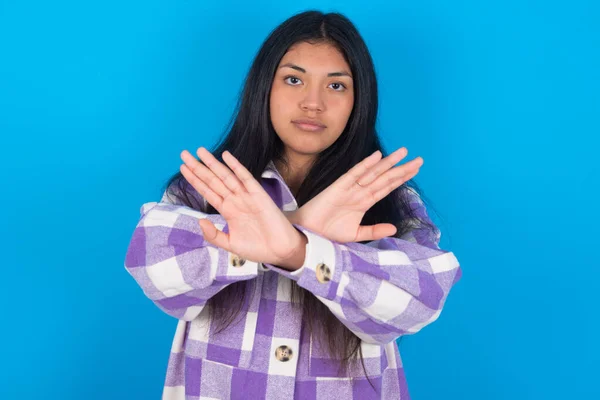 Young Latin Woman Wearing Plaid Shirt Blue Background Has Rejection — Stockfoto