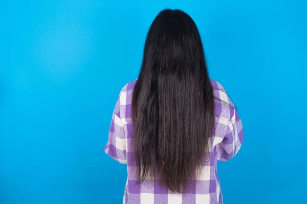 Back View Young Latin Woman Wearing Plaid Shirt Blue Background — Stock Photo, Image