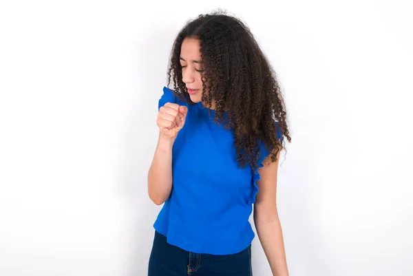 Teenager Girl Afro Hairstyle Wearing Blue Shirt White Background Feeling — 스톡 사진
