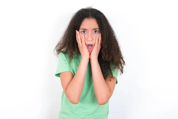 Scared Terrified Teenager Girl Afro Hairstyle Wearing White Shirt Green —  Fotos de Stock