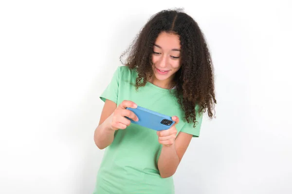 Portrait Excited Teenager Girl Afro Hairstyle Wearing White Shirt Green — Stockfoto