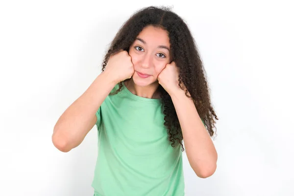 Happy Teenager Girl Afro Hairstyle Wearing White Shirt Green Background —  Fotos de Stock
