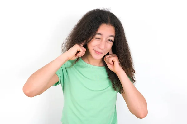 Happy Teenager Girl Afro Hairstyle Wearing White Shirt Green Background — Φωτογραφία Αρχείου