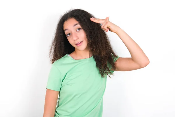 Teenager Girl Afro Hairstyle Wearing White Shirt Green Background Foolishness — Zdjęcie stockowe