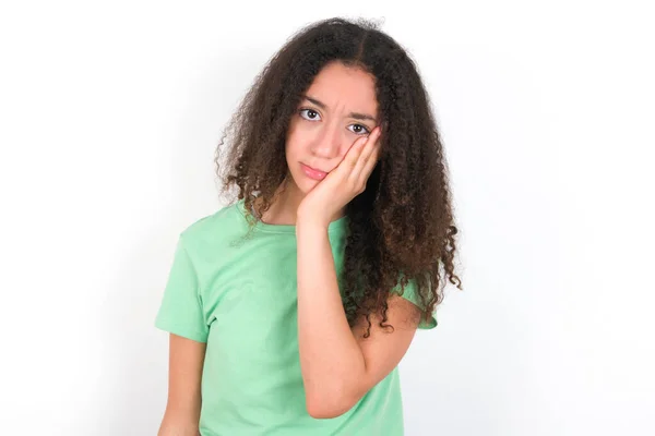 Sad Lonely Teenager Girl Afro Hairstyle Wearing White Shirt Green — Stockfoto