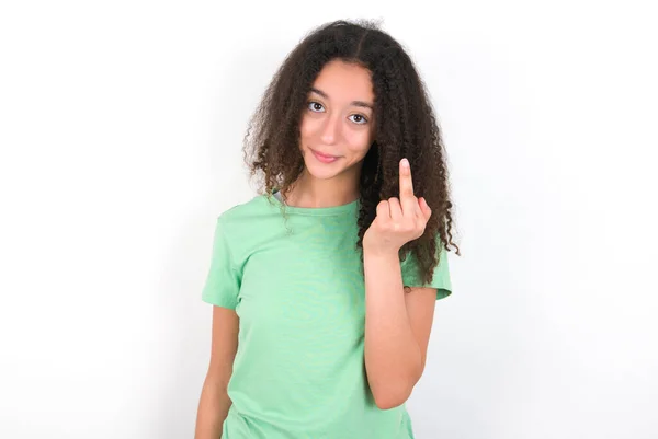 Teenager Girl Afro Hairstyle Wearing White Shirt Green Background Shows — Foto de Stock