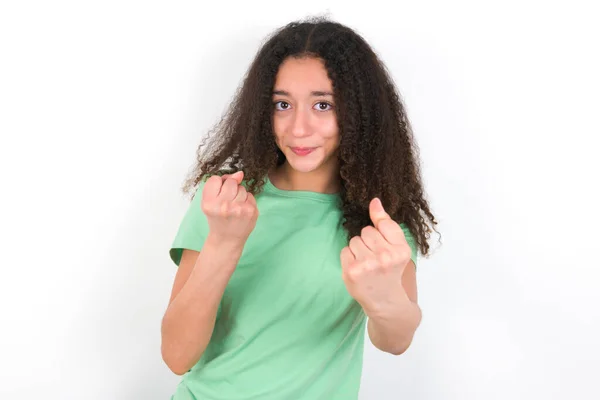 Displeased Annoyed Teenager Girl Afro Hairstyle Wearing White Shirt Green — стоковое фото