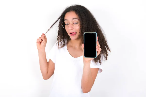 Photo Nice Pretty Teenager Girl Afro Hairstyle Wearing White Shirt — Stockfoto