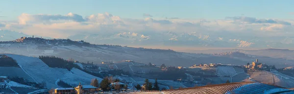 Italia Piamonte Vistas Panorámicas Nieve Invernal Viñedos Paisaje Único Atardecer — Foto de Stock